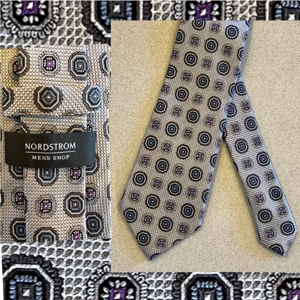 Nordstrom Men's Geometric Gray/Silver Tie with Blue and Purple Designer Accents